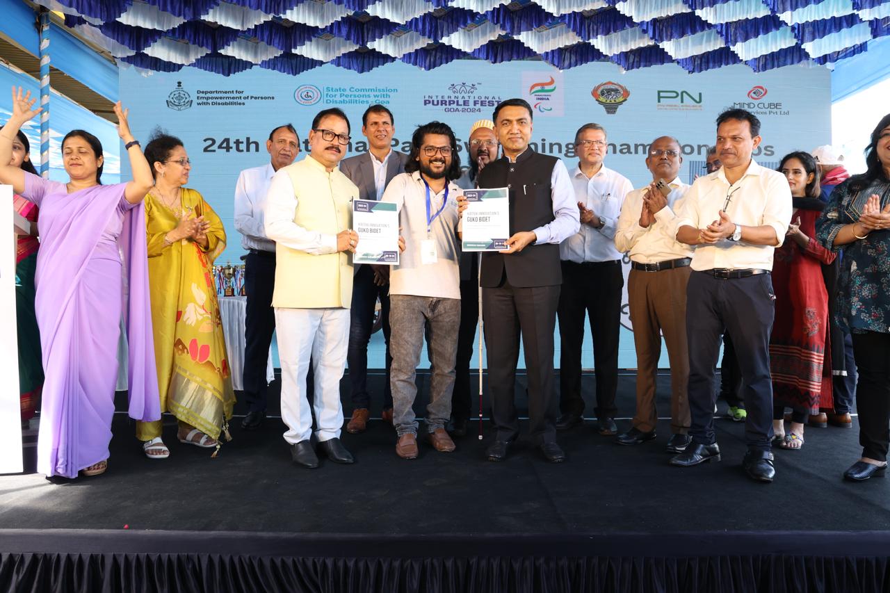 Kaiteki founder presenting GUKO bidet at the National Para Swimming Championship stage in Goa
