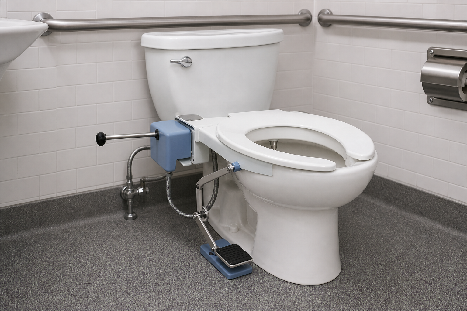 Retrofit bidet system with manual hand lever and foot pedal installed beside an accessible toilet