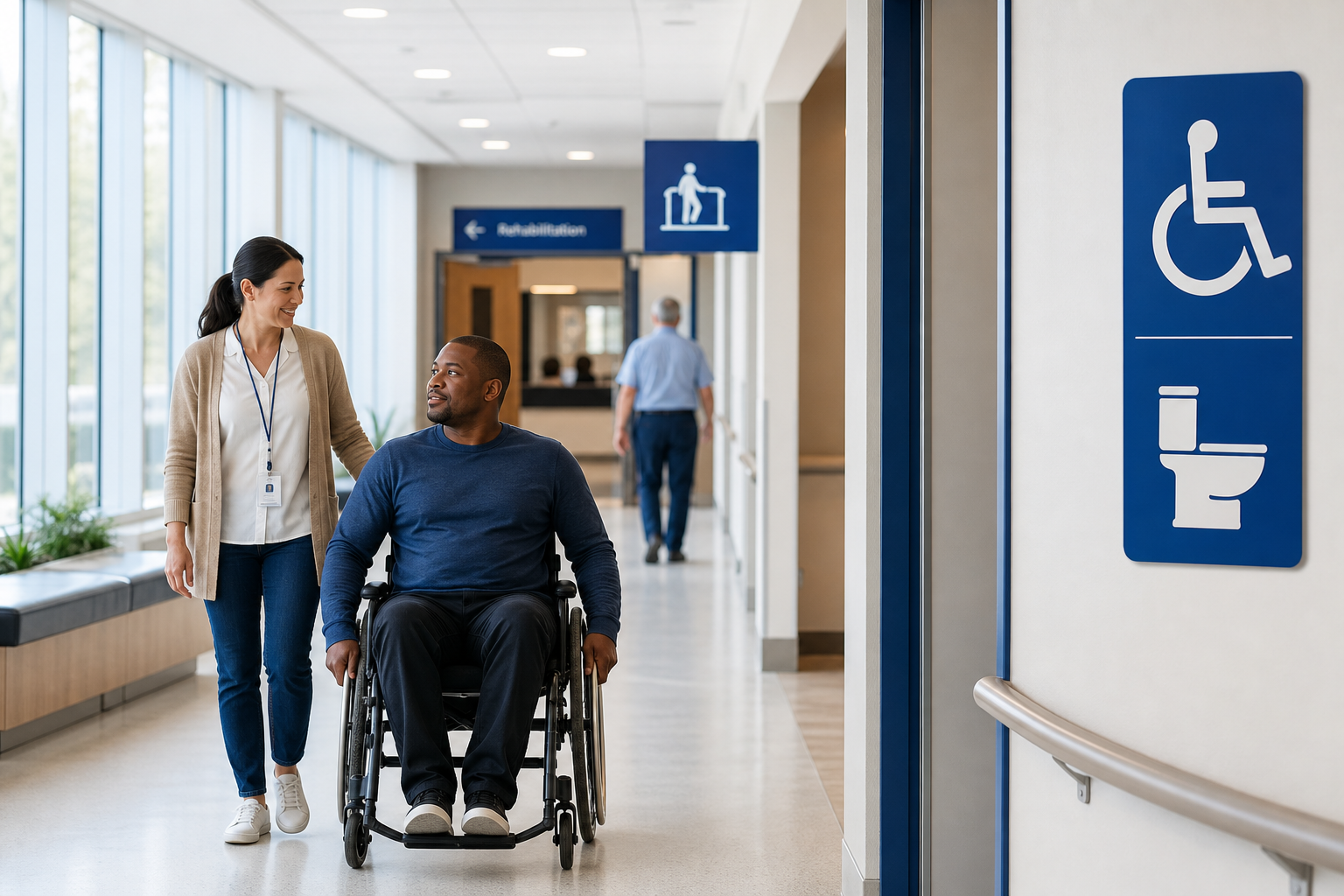 Wheelchair user and staff member moving through a healthcare corridor with accessible restroom wayfinding