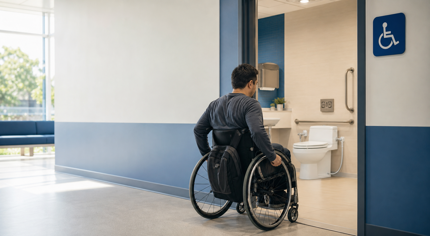 Wheelchair user entering an accessible institutional restroom with support rails and assistive hygiene infrastructure