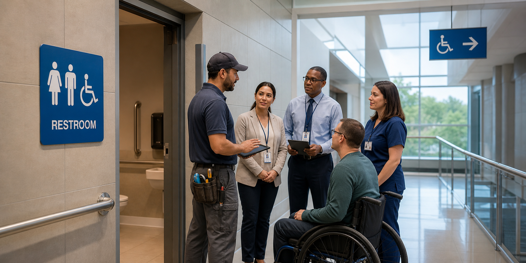 Healthcare and accessibility partners reviewing an accessible restroom deployment with a wheelchair user